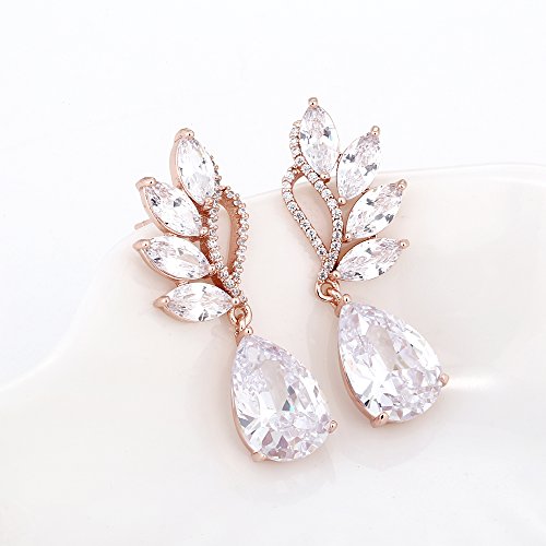 Women's Cubic Zirconia Bridal Earrings - Rose Gold Plated Sterling Silver Teardrop Crystal Cz Rhinestone Cluster Floral Wedding Earrings For Bride Bridesmaids Party Prom Valentine's Day Gift #TOP6