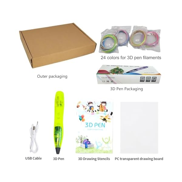 LIHUACHEN Lot de stylos 3D pour enfants avec filament PLA 24 couleurs, stylo d'impression 3D avec bouton de contrôle du capteur de lumière, câble USB, protège-doigts, pochoirs et support de dessin – Image 4