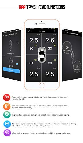 3T6B Car Bluetooth TPMS Tire Pressure Monitoring System Phone APP Monitoring with 4 External Sensors for Car