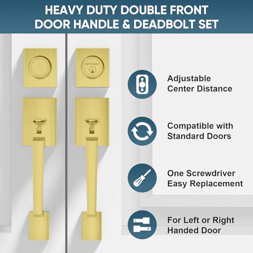 Image of TICONN Double Front Door Handle Set, Heavy Duty Square Door Lever and Single Cylinder Deadbolt Combo for Side by Side Entrance Exterior Doors (Satin Brass)
