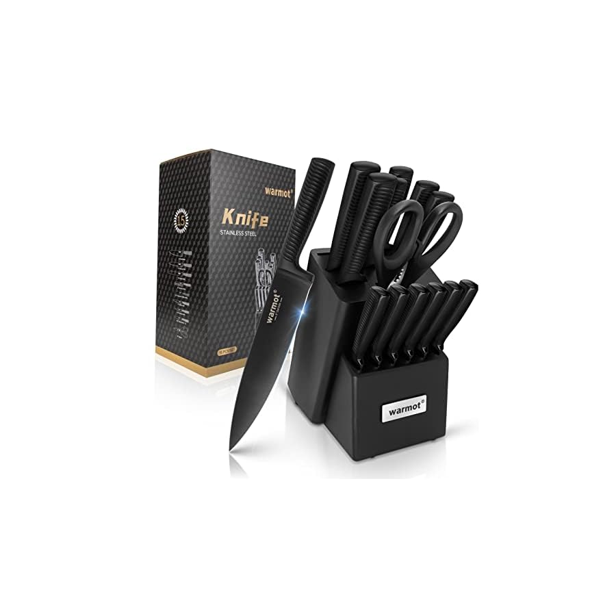Kitchen-Knife-Set-with-Block-Warmot-15-Pcs-Ultra-Sharp-Chef-Knife-Set-Knife-Set-with-Knife-Sharpener-High-Carbon-Stainless-Steel-Knife-Block-Set-Non-slip-Ergonomic-HandleBlack Warmot® Kitchen Knife Set, 15 Pieces Knife Set Chef with Knife Sharpener Block, Ultra Sharp German Stainless Steel Knife Set Ergonomic Handle, Elegant Black