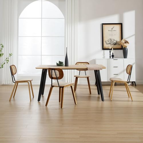 HEAH-YO Modern Dining Chairs Set of 2, Upholstered Faux Leather Dining Room Chairs with Rattan Backrests and Wood Legs, Armless Kitchen Chairs for Dining Room, Beige