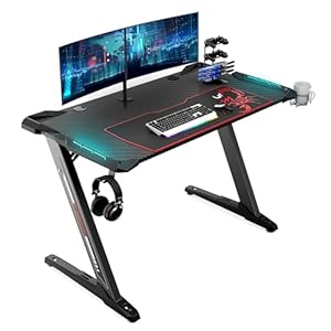 EUREKA ERGONOMIC Z1-S Pro Gaming Desk 44.5″ Z Shaped Home Office PC Computer Desks Gamer Tables with LED Lights Controller Stand Cup Holder Headphone Hook Free Mousepad for Men Boyfriend Female Gift