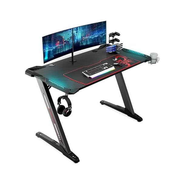 EUREKA ERGONOMIC Z1-S Pro Gaming Desk 44.5″ Z Shaped Home Office PC Computer Desks Gamer Tables with LED Lights Controller Stand Cup Holder Headphone Hook Free Mousepad for Men Boyfriend Female Gift