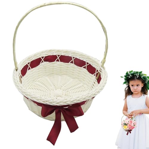 Cesta tejida para niña de flores, cesta de ratán hecha a mano, decoración rústica de boda, pícnic de estilo vintage, soporte decorativo para flores, elegante niña de flores para ceremonia de jardín