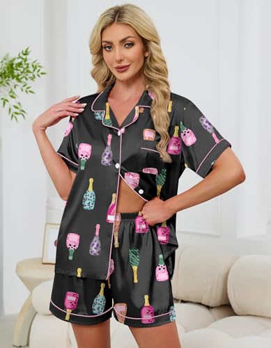 Image of Schbbbta Women Pajamas Set, 2 Pieces Satin Silk Button Down Pjs Short Sleeve Outfits Loungewear