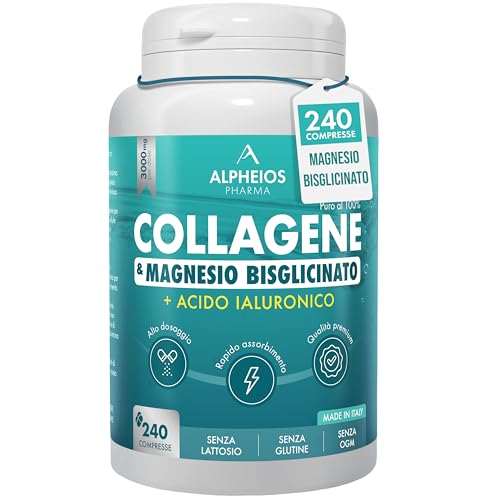 Collagene e Acido Ialuronico + Magnesio Bisglicinato – 240 Compresse, 3000 mg Collagene Idrolizzato con Vitamina C e Coenzima Q10 | Integratore Articolazioni, Ossa, Pelle ed Energia