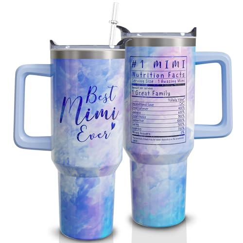 qoepfnsh Mimi Tumbler Best Mimi Ever Sky Blue 40 oz Tumblers with Handle and Straw Stainless Steel Insulated Coffee Cup Mug Mimis Gifts for Grandma