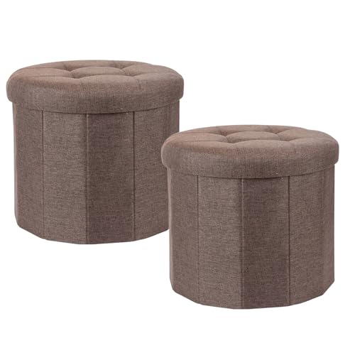 Image of Carousel Home Set of 2 Brown Pouffe Storage Footstools, 45cm Round Folding Fabric Ottoman Storage Box for Living Room
