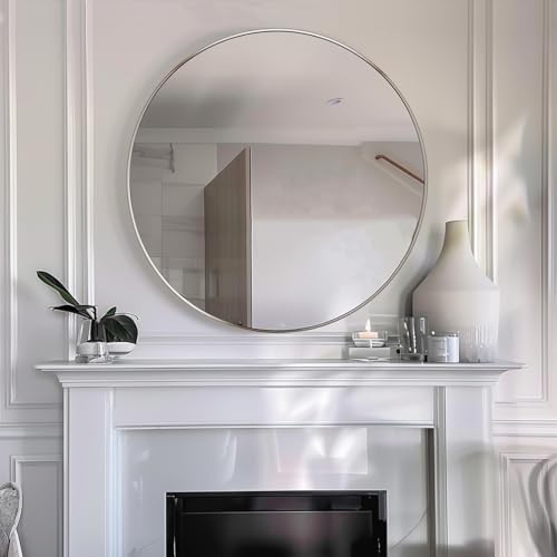 Image of Sunniry Silver Round Mirror 26 inch, Silver Circle Mirror with Brushed Aluminum Frame, Circle Wall Mirrors for Bathroom, Living Room, Hallway, Bedroom.