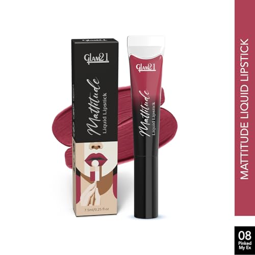 Image of Glam21 Mattitude Liquid Matte Lipstick | 16Hr Long Stay | Non-Transfer & Smudge-Proof | Enriched with Vitamin E, Coffee & Cherry Oil | Moisturizing & Comfortable | 7.5ml,Pinked My Ex