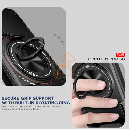 Image of Oppo F31 Pro 5G Back Cover | Armor Camera Slider 360 Degree Rotating Finger Ring Holder Case with Bracket Stand Back Case Cover (Compatible with MagSafe Accessories) (Black)