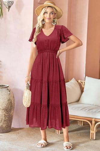 Image of VOTEPRETTY Women's 2026 Summer Boho Maxi Dresses Flutter Short Sleeve V Neck Casual Beach Wedding Guest Vacation Long Dress
