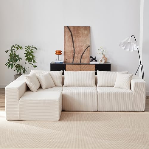 Yihomfy Canape d Angle Modulable, Canapé Compressé 4 Places, Boneless Couch Sofa, Canape Lit Convertible, Velours Côtelé, Mousse, Peut être Combiné Librement, pour Salon, Chambre à Coucher (Beige)