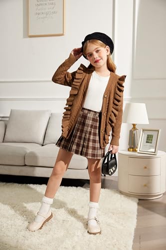 Image of Arshiner Girls Cardigan Sweaters Ruffle School Uniform Sweater V Neck Button Front Outerwear 4-13 Years