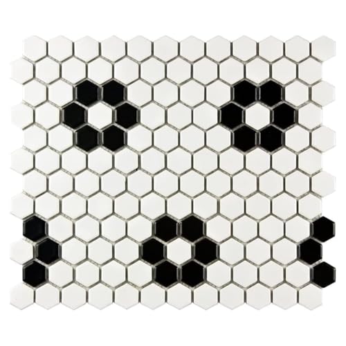 Tenedos Hexagon Matte White with Black Hexagon Flower Pattern Porcelain Mosaic Floor and Wall Tile...