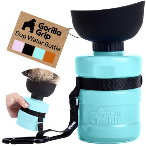 Image of GORILLA GRIP Dog Water Bottle, Portable Water Bowl Dispenser for Dogs, 16 oz Leak Proof Pet Travel Squeeze Bottles Food Grade Silicone, Pet Stocking to Go Puppy Essentials, Turquoise