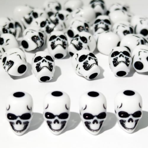 SILASLIN Hip hop Style Acrylic Skull 15mm Beads Large Hole for DIY Bracelet Keychain Jewelry Phone Chain 220 Pieces Black (White)