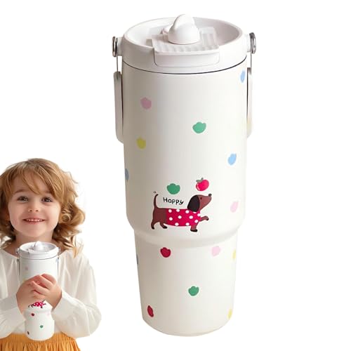 Botella de agua de acero inoxidable con pajilla, taza térmica a prueba de fugas, taza de viaje reutilizable con asa, diseño de animales de dibujos animados para café, gimnasio, deportes, cafetería