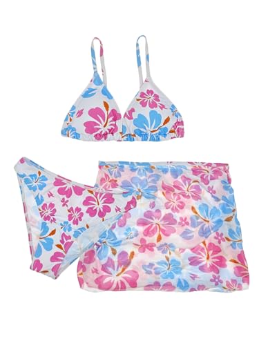 Image of Girl's 3 Piece Sets Floral Print Bikini Swimsuit High Waisted Bathing Suits with Beach Skirt Coverups Pink & Blue 170