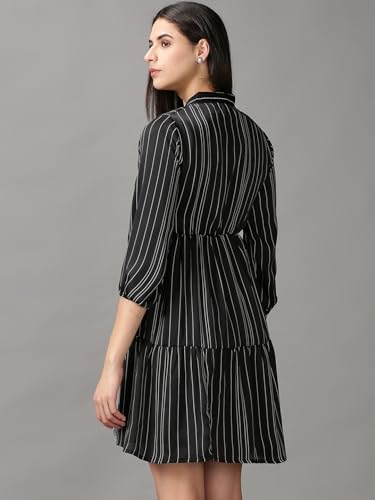 Image of SHOWOFFFF Women Stripe Print Fit and Flare Casual Dress | Round Neck 3 /4th Sleeves Satin Dress for Womens | Above Knee Dress for Women's
