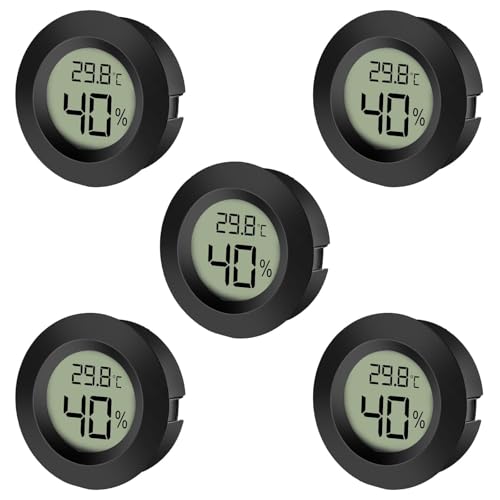 EEEKit Mini Higrómetro Termómetro, Lote de 5 Pequeños Higrómetros, Medidor Digital de Humedad y Temperatura para Sótano Invernadero, Negro Redondo