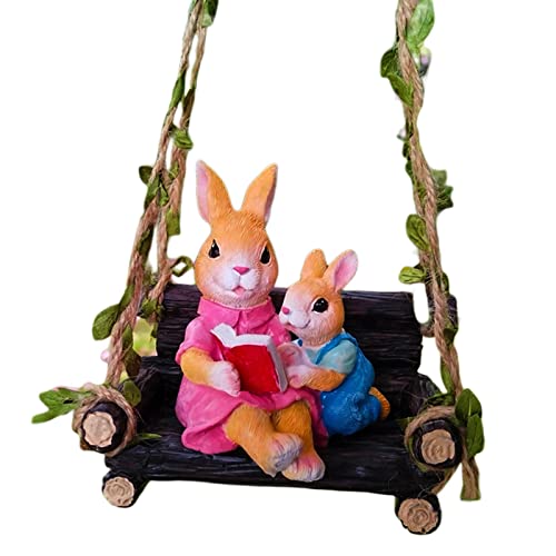 Milageto Garden Bunny Swing Statue,Hanging Animal Figurine Crafts,Cute Rabbit Reading Book Sculpture,Outdoor Patio Yard Decors #TOP15