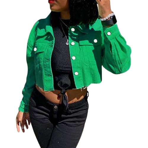 Women's Denim Short Long Sleeve Lapel Jacket Button Down Distressed Hem Crop Jeans Coat2