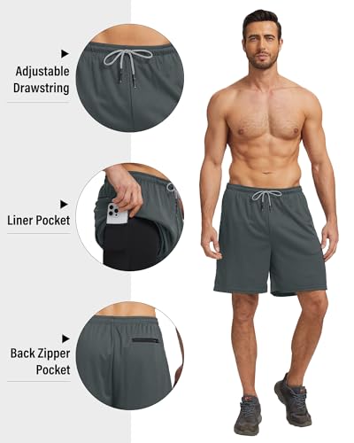 HOPLYNN 5 Pack Mens 2 in 1 Running Shorts with Liner, Quick Dry Workout Training Gym Athletic Sport Shorts with Pockets4