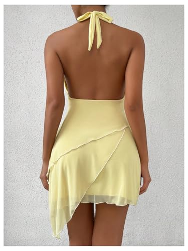 SHENHE Women's Sexy Halter Tie Mini Dress Backless Ruffle Trim Deep V Neck Lace Mesh Plunge Party Dress2
