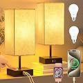 hansang Bedside Lamp, Touch Lamp with 3 Way Dimmable 2700K LED Bulb Touch Control USBA USBC Charging Port Black Base Linen Fabric Shade, Lamps for Bedroom Reading Room, 2 Pack