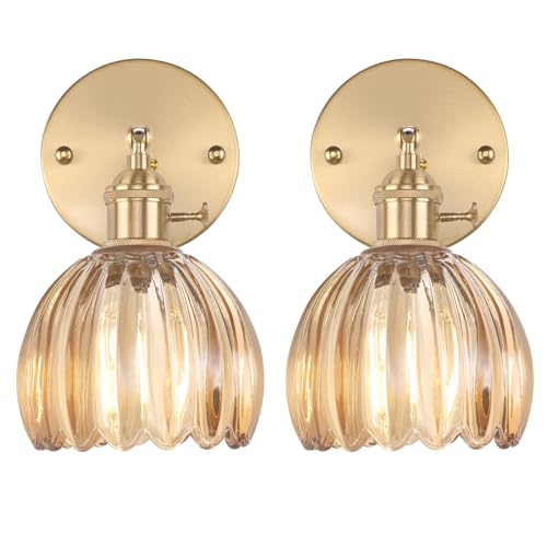 Vintage Wall Sconces Set of 2 with Cute Amber Tulip Glass Lampshade 180 Degree Adjustable Brass Sconces Hradwired Modern Wall Lighting Fixture with Switch for Bedside Bedroom Doorway