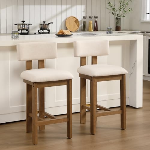 Image of BESTANO 26 inch Counter Stools Set of 4 Counter Height Bar Stools with Back and Solid Wood Legs Modern Farmhouse Linen Upholstered Kitchen Bar Stools Countertop Chairs, Beige