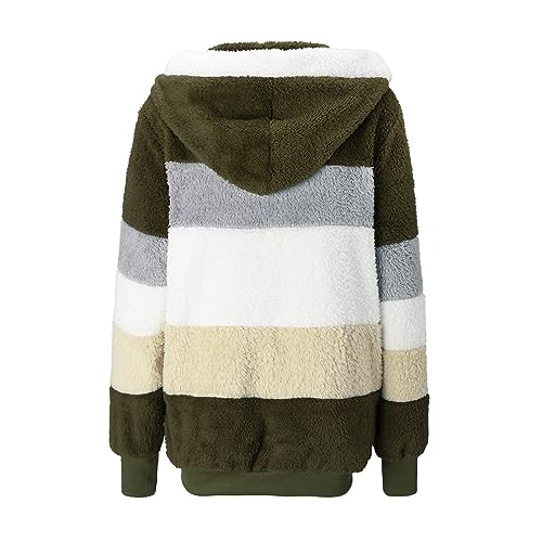 Fuzzy Fleece Jackets for Women Plus Size Hoodies Fall Winter Coats Color Block Patchwork Cardigan Coat with Pockets