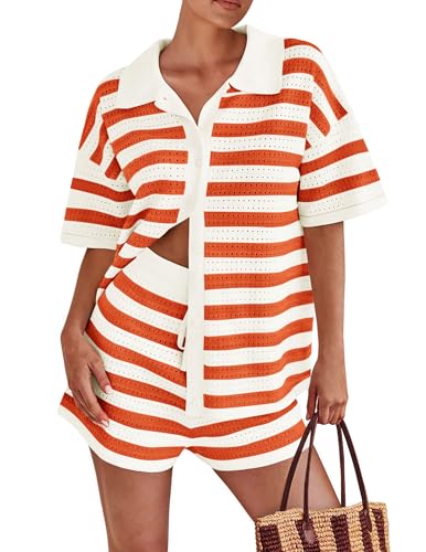 Image of PRETTYGARDEN Women's 2 Piece Shorts Sets Casual Summer 2025 Short Sleeve Striped Sweater Set Matching Beach Vacation Outfit