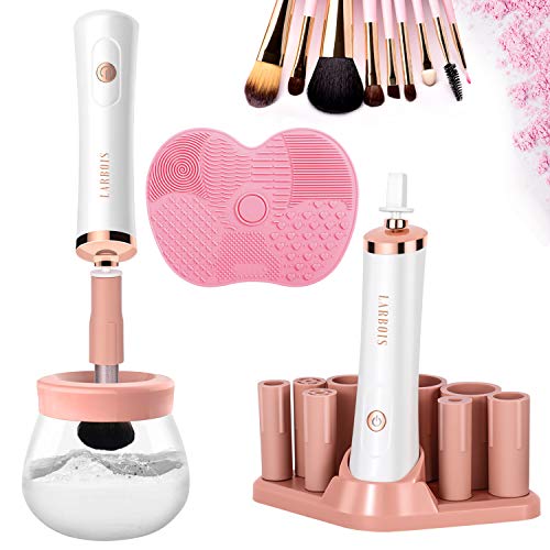Makeup Brush Cleaner Dryer, Larbois Electric Brush Cleaner Machine with 8 Rubber Collars, Automatic Brush Cleaner Spinner Makeup Brush Tools, Wash and Dry Seconds.(White)