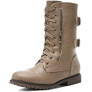 DREAM PAIRS Women's Mid Calf Built-in Wallet Pocket Lace up Military Combat Boots 7 Khaki