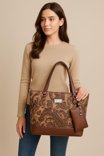 Image of De Elmore Elegant Floral Paisley Print Tote Bag | Women's Designer Look Top Handle Shoulder Purse with Zipper Pouch