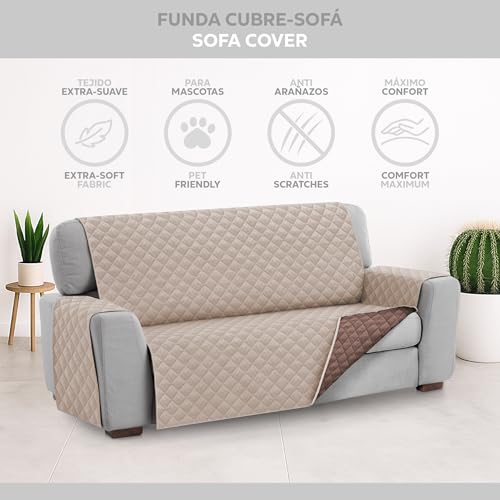 Textilhome Sofa Überzug MALU, Sofabezug 3-Sitzer (160 cm), Couch Überzug Gepolstert & Wende, Sofaschoner SofaÜberwurf Schutzdecke, Universell, Haustierfreundlich, Farbe Beige