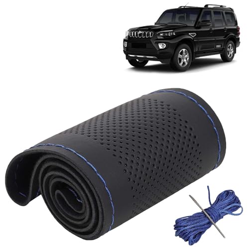 Image of KINGSWAY PU Leatherite Car Steering Cover Sewable Compatible with Mahindra Scorpio (Year 2019-2022), Black Color with Blue Thread, Pack of 1 with Sewing Needle and Thread