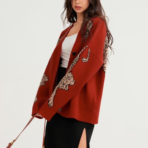 Image of Tiger Print Cardigan Sweaters for Women Button Up Y2k Knitted Cardigans Oversized Long Sleeve Sweater Coats(Orange Brown,S)