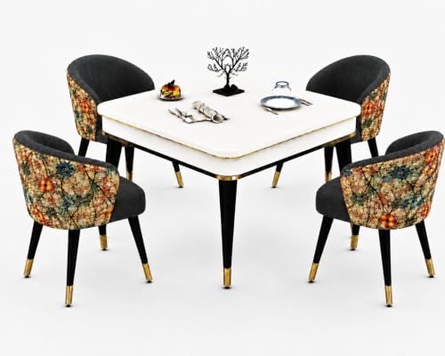 Image of WOODEN SPACE 4 Seater Wooden Dining Table Set | Urban Marble Top Dining Table with Chairs for Dining Room & Kitchen (Modern Classic Printed Dark Grey) (42 x 42 x 30 inch)
