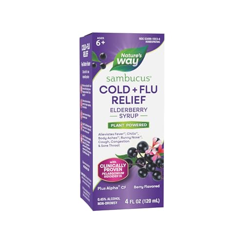 Nature's Way Sambucus Cold + Flu Relief Elderberry Syrup, Speeds Recovery, for Fever*, Body Aches*,...
