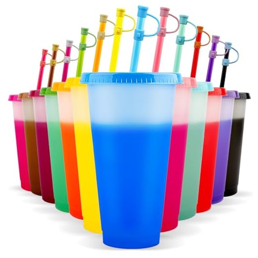 EASEVE Vasos que cambian de color con tapas y popotes, 12 paquetes de vasos de plástico reutilizables de 24 onzas con tapas y popotes para fiestas de adultos y niños, vasos a granel para café helado,