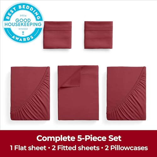 Image of Mellanni Extra Deep Split King Sheets - 5 PC Iconic Collection Bedding | Hotel Luxury, Ultra Soft, Cooling Bed Sheets - Wrinkle, Fade, Stain Resistant (Split King, Brick Red)