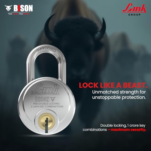 Image of Link Bison 68mm Heavy Duty Padlock | Lock for Home Door, Office, Shop, Travel | Hardened Steel Shackle, | Double Locking System | High Precision 4 Keys | 2 Lakh Key Combinations | 10 Years Warranty