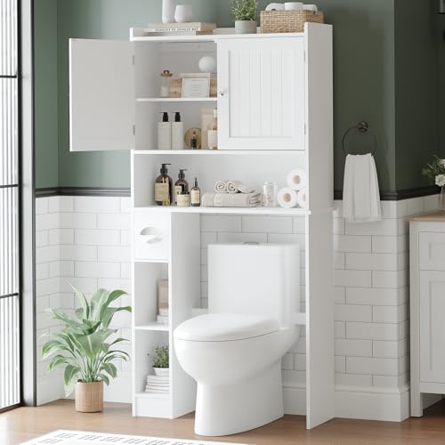 Over The Toilet Storage Cabinet with Toilet Paper Holder Double Door Bathroom Organizer with Adjustable Shelves Freestanding Bathroom Shelf Toilet Storage Cabinet Space-Saving Toilet Rack, White