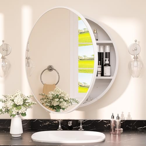 Image of TETOTE 24 x 24 Inch Medicine Cabinet Mirror White Framed Round Mirrored Medicine Cabinets for Bathroom Adjustable Shelves Modern Bathroom Mirror with Storage Wall Mounted