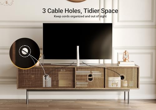 Image of Claiks Mid Century Modern TV Stand for TV up to 70 inch, Entertainment Center with Sliding Barn Doors & Adjustable Shelve, Retro Low Profile Media Console TV Table for Living Room, Walnut