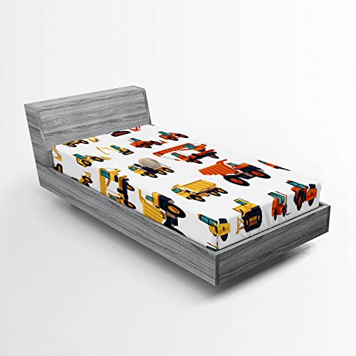 Ambesonne Construction 2 Pack Fitted Sheet, Careers Mechanics, Bed Cover All-Round Elastic Deep Pockets 2 Pieces, Package Contains 2 Twin XL Size Fitted Sheets, Orange White